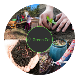 This image shows 4 pictures arranged in a circle. The picture in the upper left is of a wheel barrow and a child scooping dirt with a shovel into a wooden compost bin. The picture in the upper Right is of two hands in the dirt planting a tree. the picture in teh lower right is of a a compost pile with veggies on the top and a garden glove clad hand holding a small pitch fork. The image in the lower left is of two hands together holding a pile of dirt with worms on top of the dirt. The Green Cell Logo is in the center if the Circle.